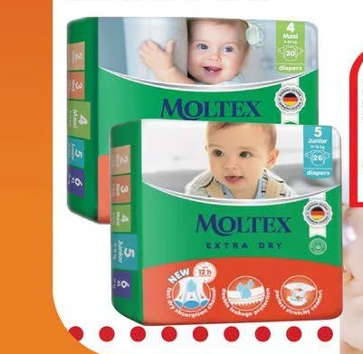 Pelenë për Fëmijë Nr 4 9-14KG 30 Copë, Nr 5 11-16KG 26 Copë, Moltex