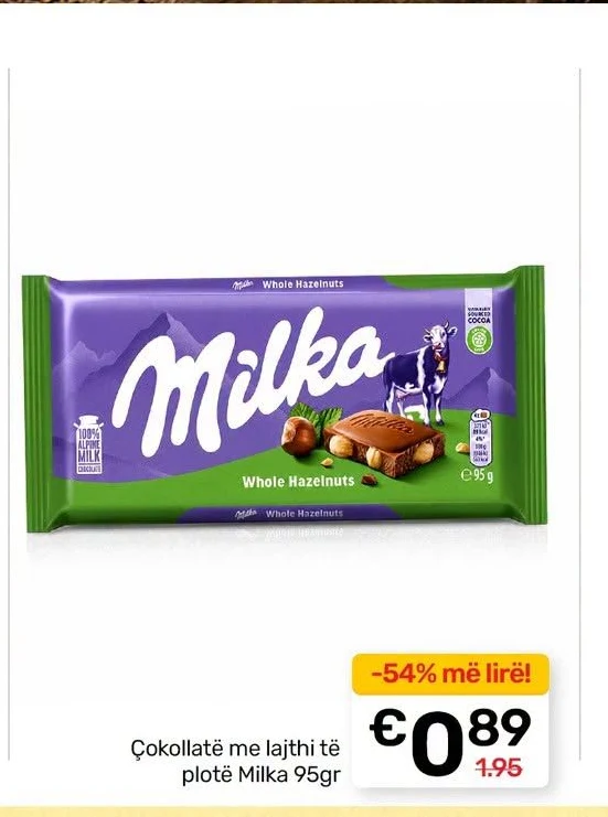Çokollatë me Lajthi Të Plotë Milka 95GR