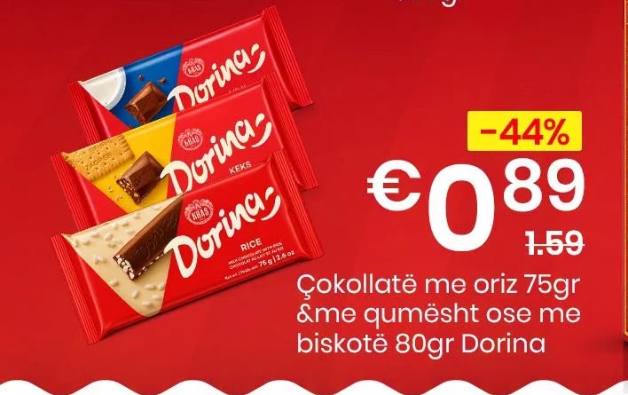 Çokollatë me Oriz 75GR & me Qumësht Ose me Biskotë 80GR Dorina